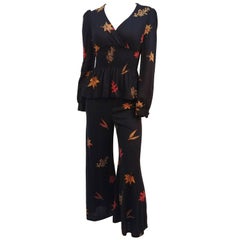 Retro 1970s Knit Two Piece Top & Pant w/ Printed Maple Leaves