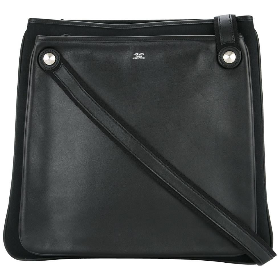 Hermes Black Leather Canvas Men's Top Handle Satchel Tote Shoulder Bag in Box