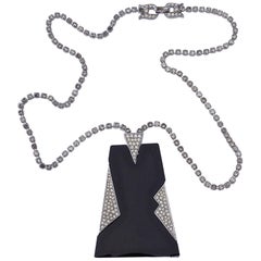 Retro Trifari Silver Tone Black Lucite and Rhinestone Pendant Necklace circa 1970s