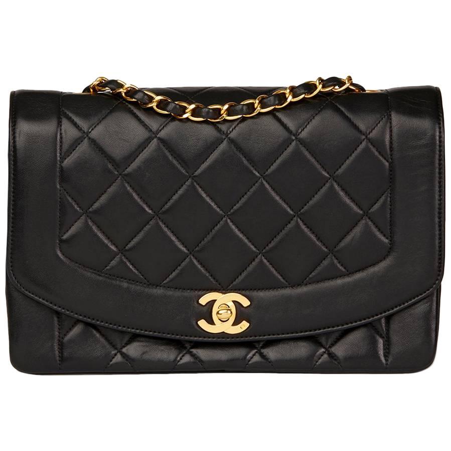 1990s Chanel Black Quilted Lambskin Vintage Medium Diana Classic Single Flap Bag
