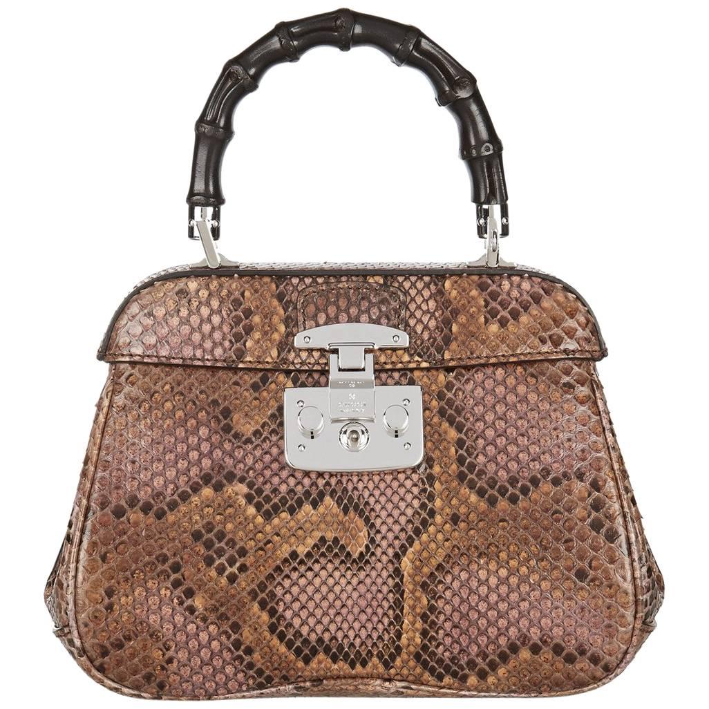Gucci Cognac Snakeskin Bamboo 2 in 1 Kelly Style Satchel Shoulder Bag
