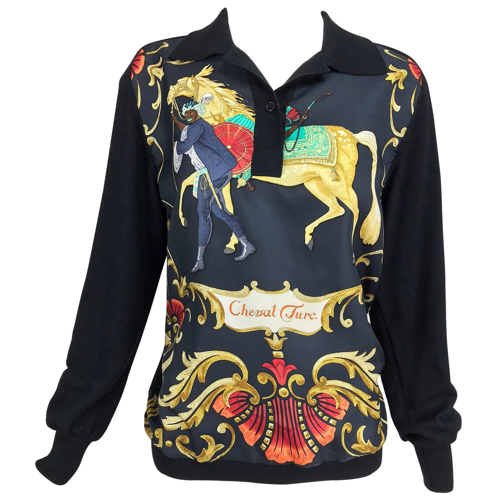 Hermes Cheval Turc silk twill and black wool sweater 1970s