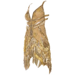 MORPHEW ATELIER - Robe de cocktail à franges en dentelle dorée et maille métallique