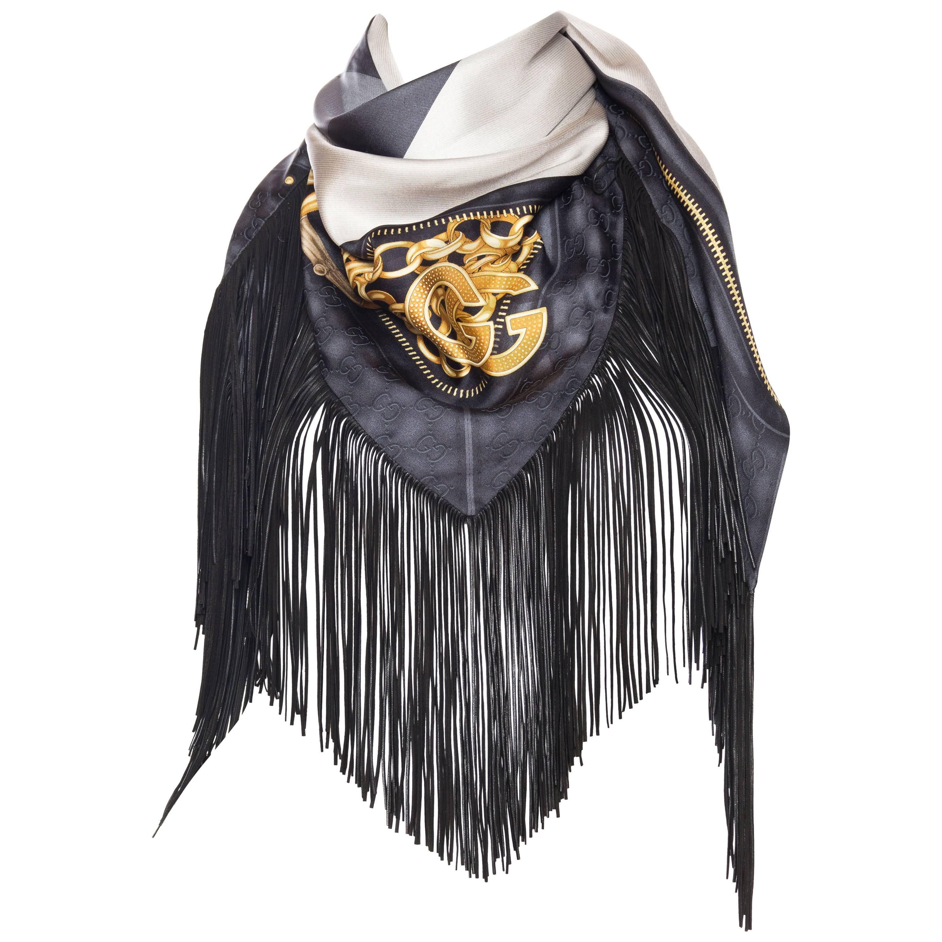 1990S TOM FORD GUCCI Silk, Leather GG Fringed Gold Status Print Scarf