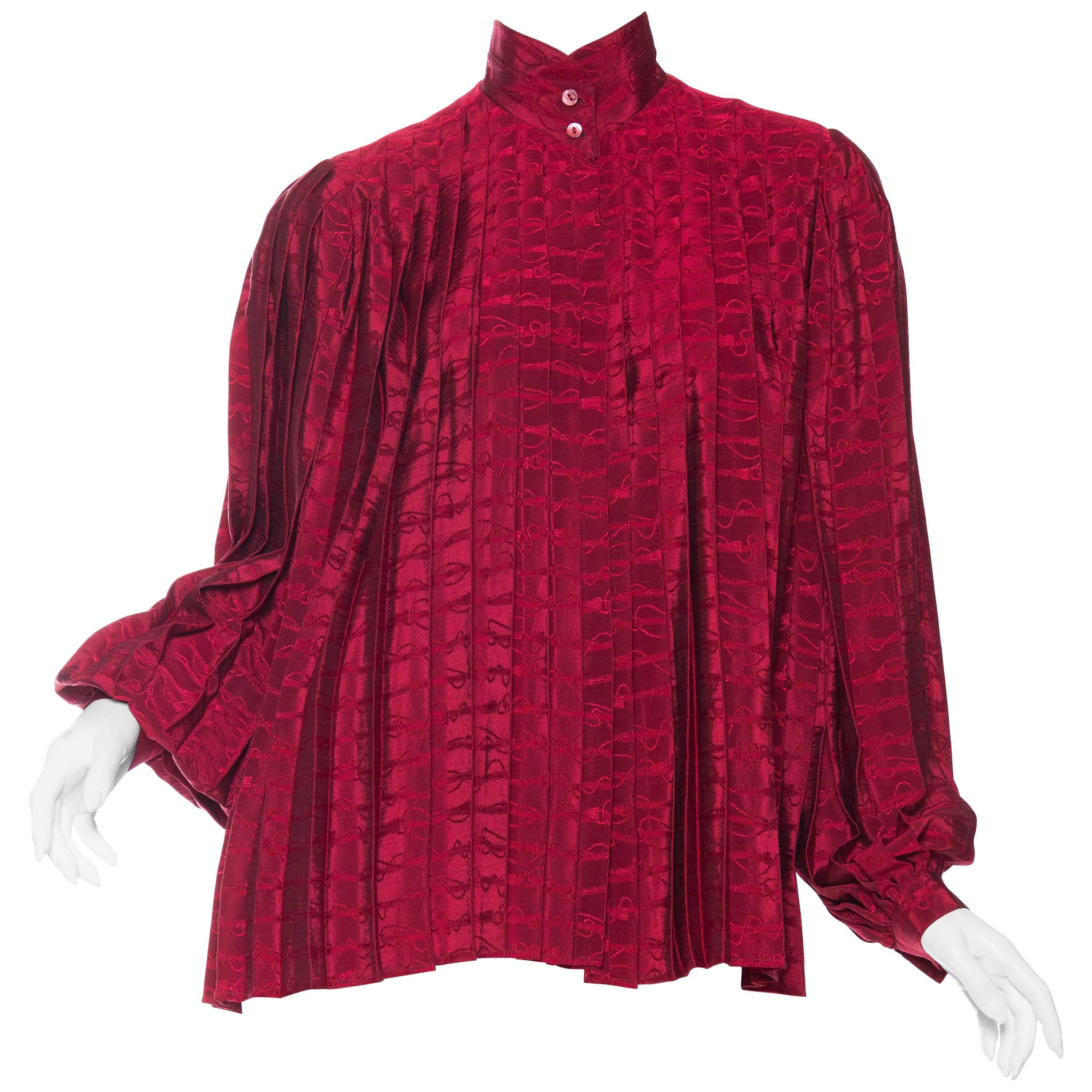 1970S GUCCI Cranberry Red Silk Jaquard Pleated Blouse