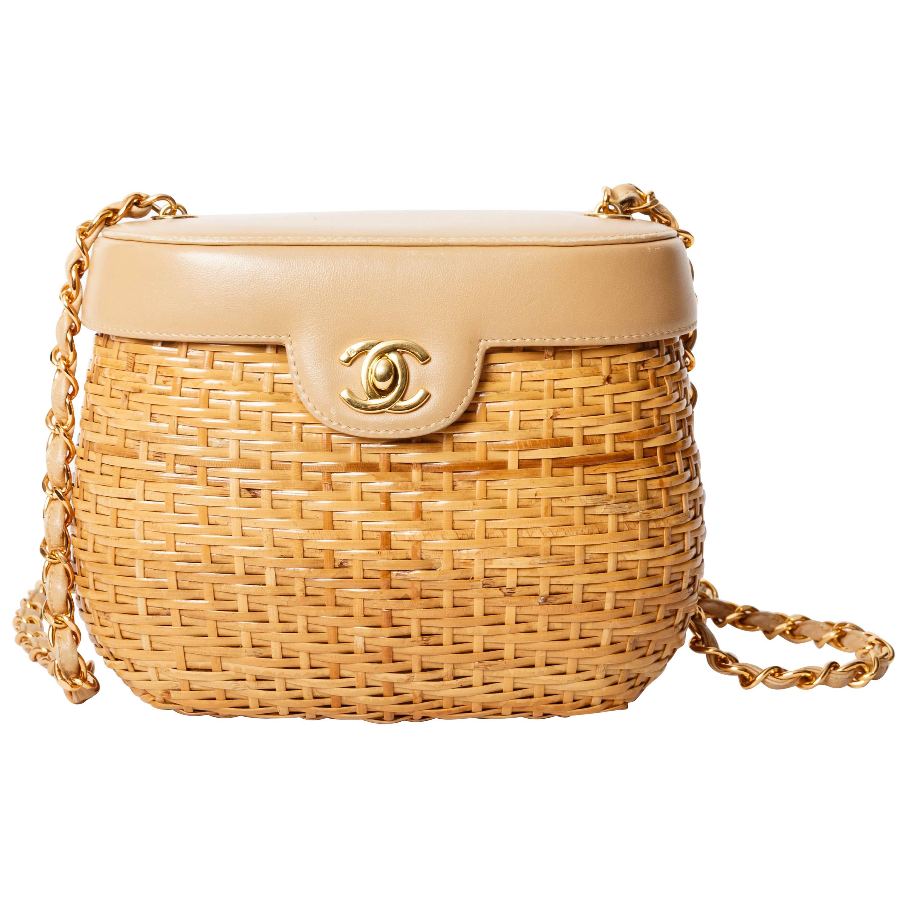 Chanel Vintage Lambskin and Straw Shoulder Bag with Gold Hardware 