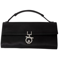 Vintage Ferragamo Black Silk Clutch with Top Handle and Crystal Gancini Closure