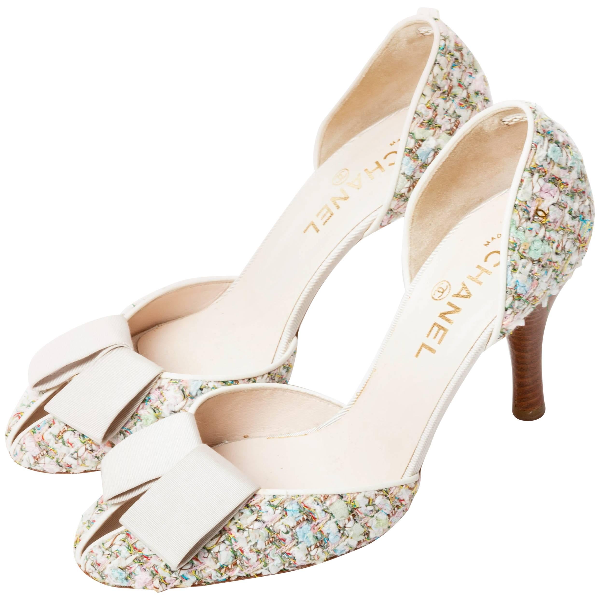 Chanel  Pastel Tweed D'Orsay Pumps with Grosgrain Ribbon Bows