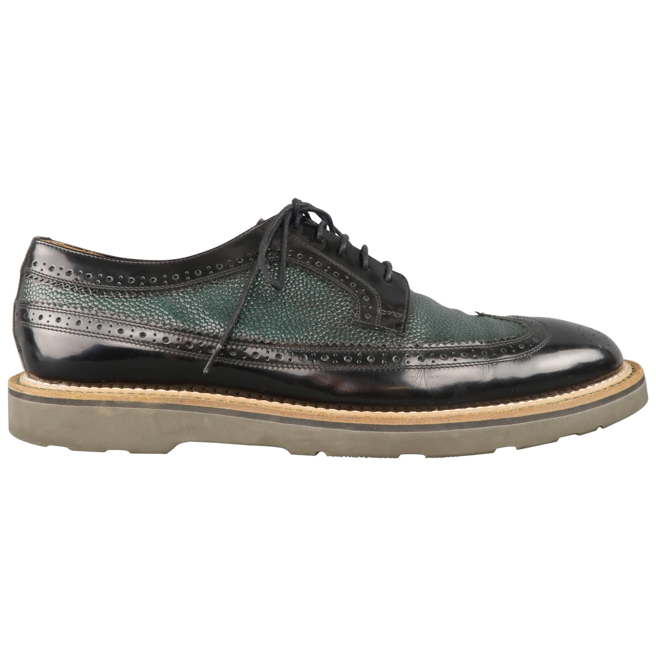 PAUL SMITH Size 10 Green & Black Perforated & Pebbled Leather Wingtip Lace Up