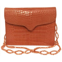 Luxurious Lana Marks Coral Crocodile Shoulder Bag W Beaded Strap and Tassel