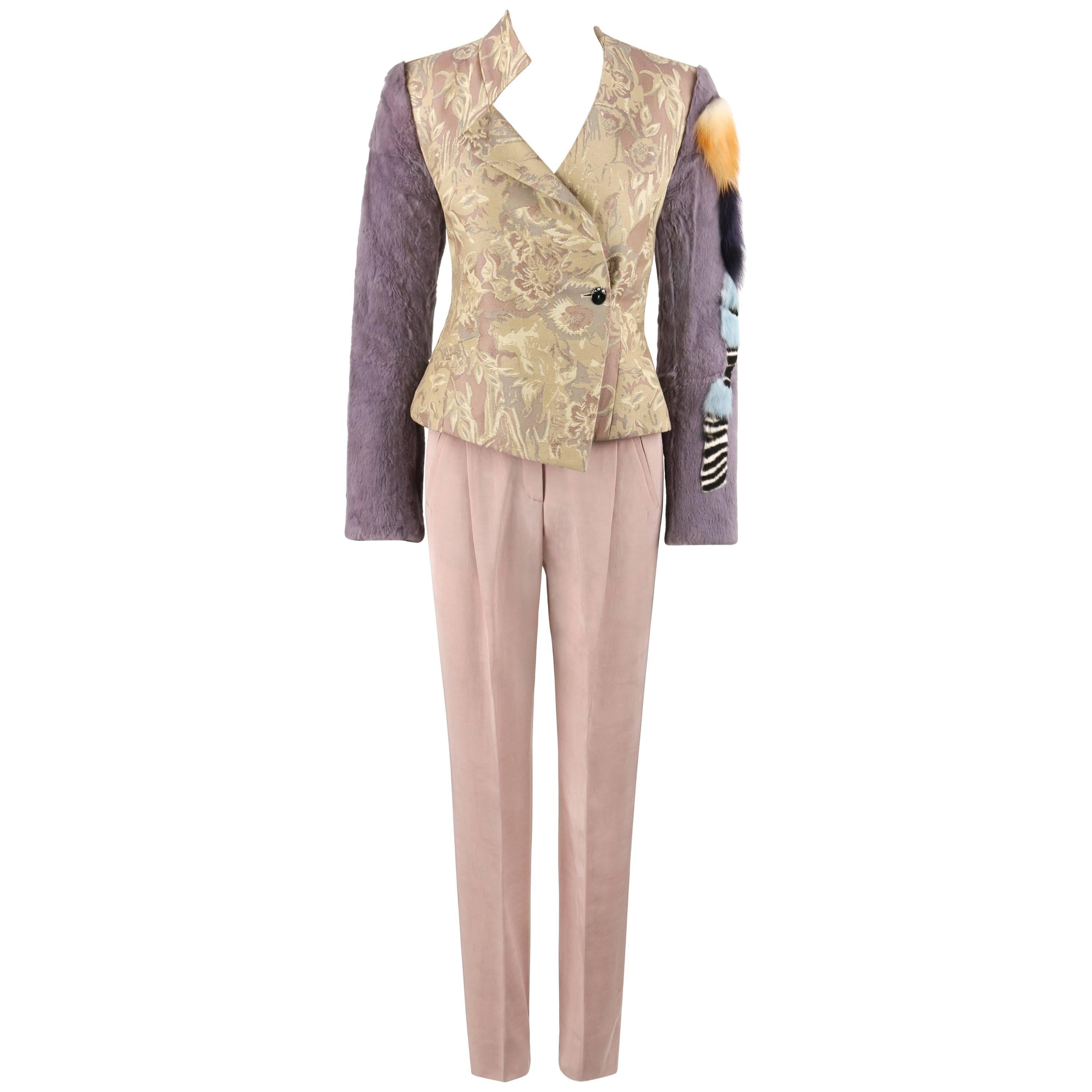 Ensemble pantalon et veste Christian Lacroix 2 pièces en jacquard à fleurs et fourrure, A/H 2001  en vente