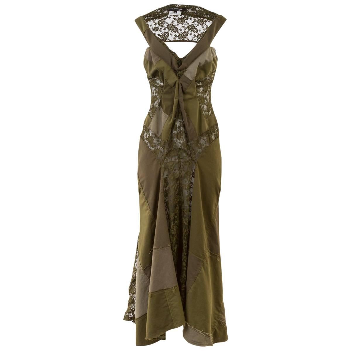Junya Watanabe Deconstructed Army Green Sleeveless Lace Patch-Work Gown For Sale