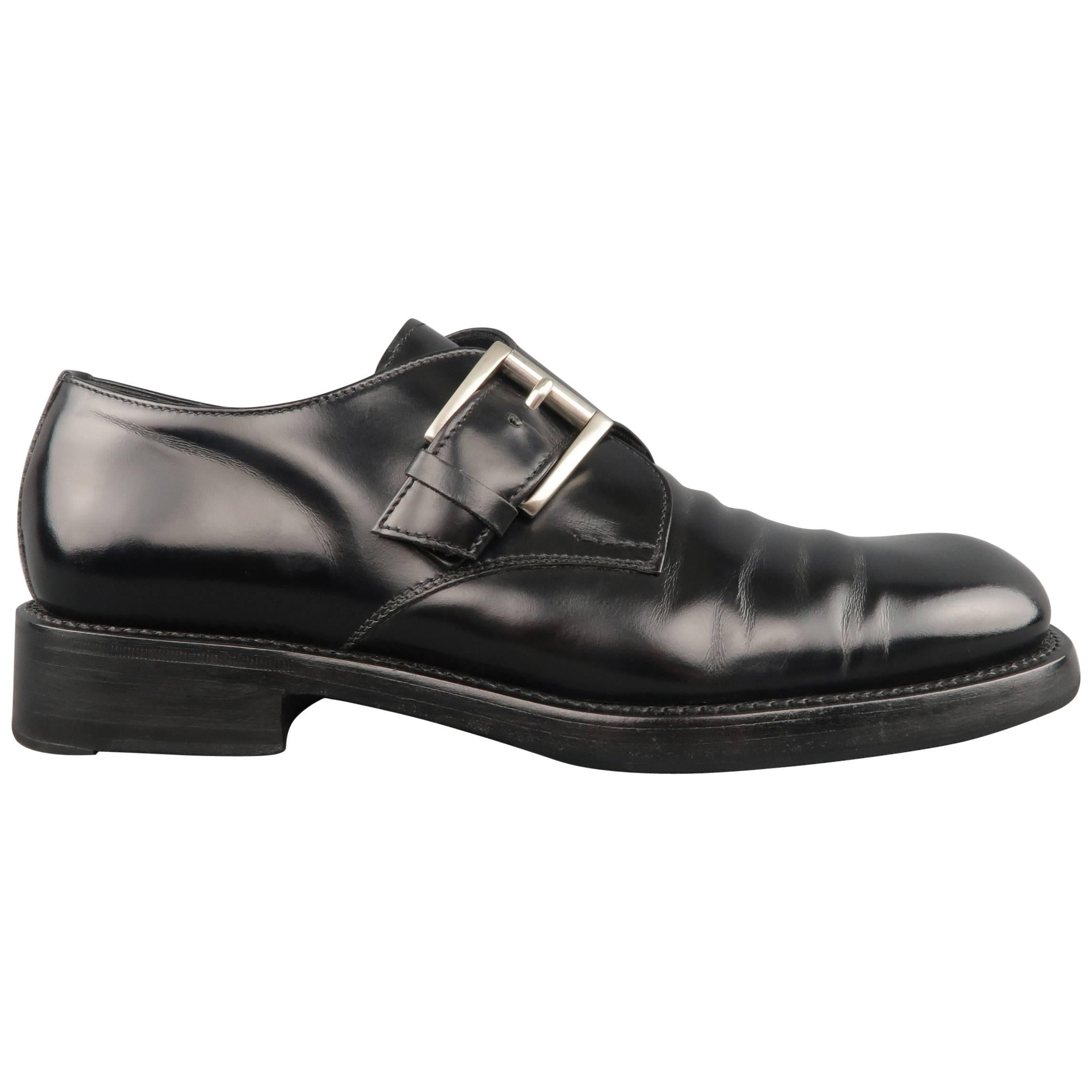 Men's PRADA Size 8 Black Patent Leather Squared Toe Single Monk Strap Loafers