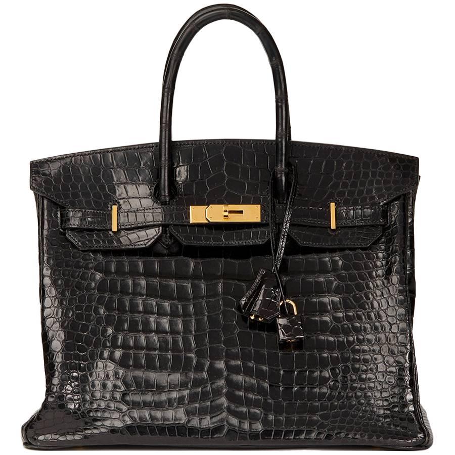Hermès 2003 Black Shiny Porosus Crocodile Leather Birkin 35cm