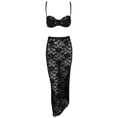 1996 Dolce & Gabbana Black Lace Silk Bra Top & Sheer Lace Mesh Pencil Skirt