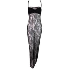 S/S 1999 Dolce & Gabbana Runway Sheer Black Mesh Lace Gown Dress w Bra 42