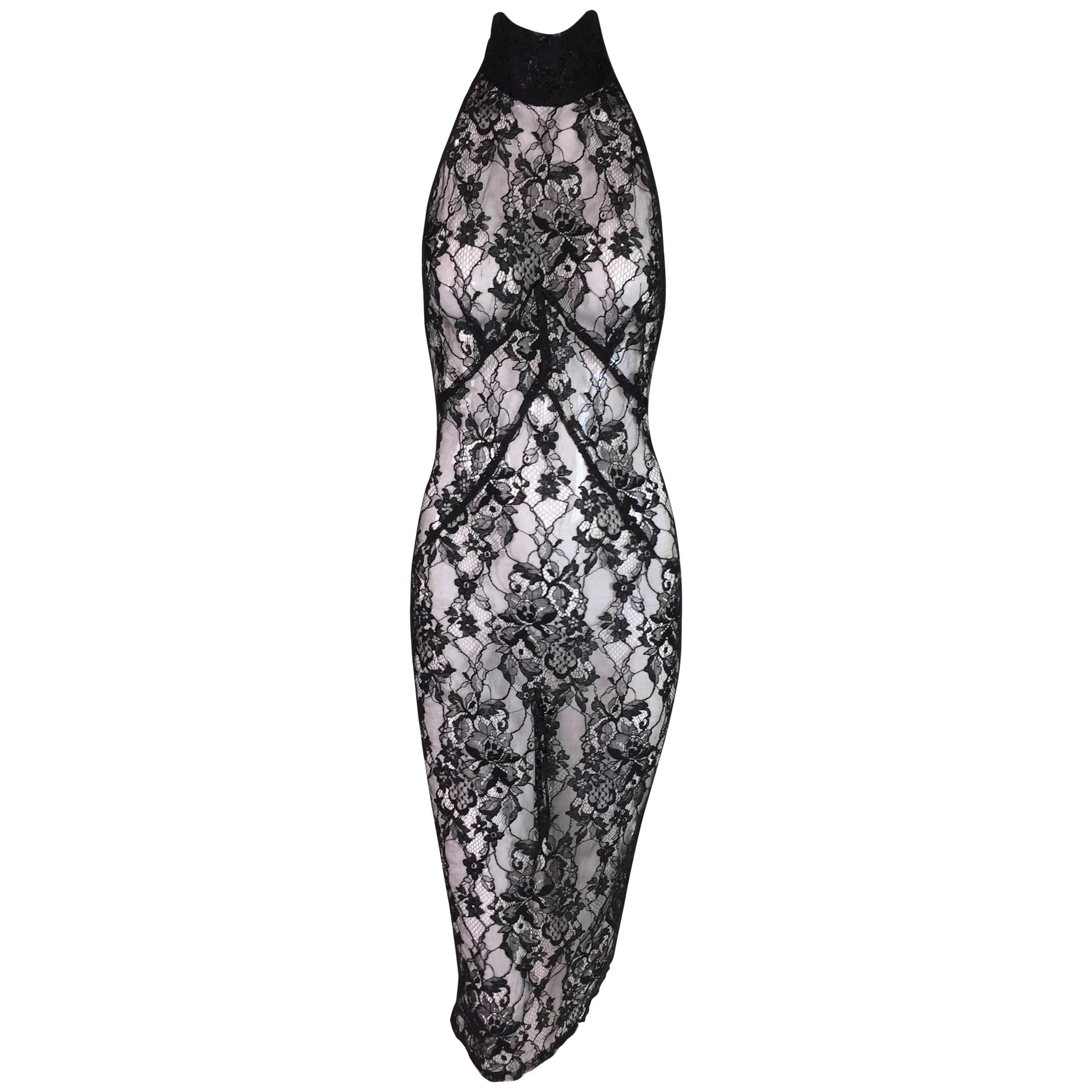 F/W 2001 D&G by Dolce Gabbana Runway Sheer Black Lace Wiggle Halter Pin-Up Dress