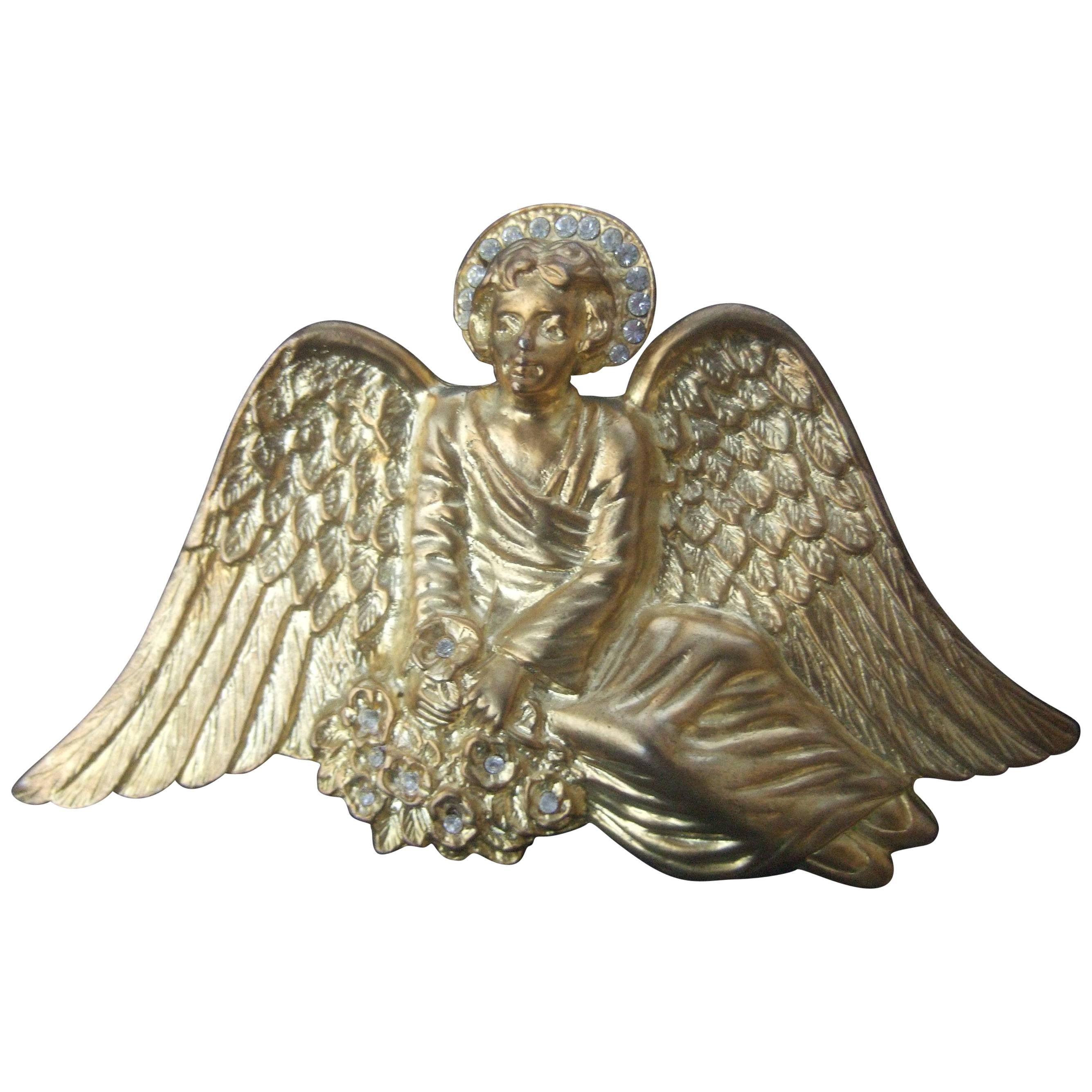 Massive Gilt Metal Crystal Winged Angel Brooch c 1980s 