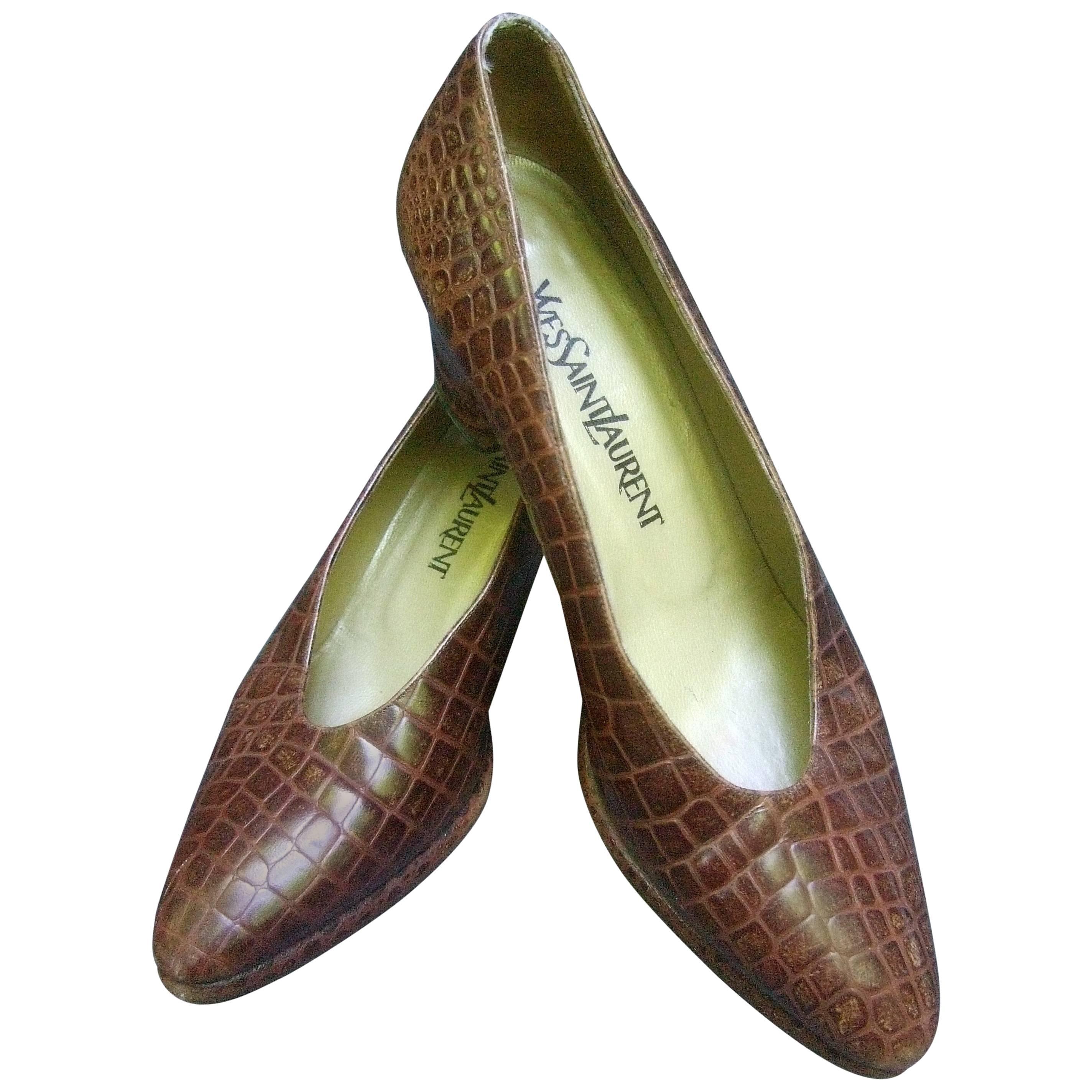 Yves Saint Laurent Italian Embossed Brown Leather Pumps US Size 7.5 M
