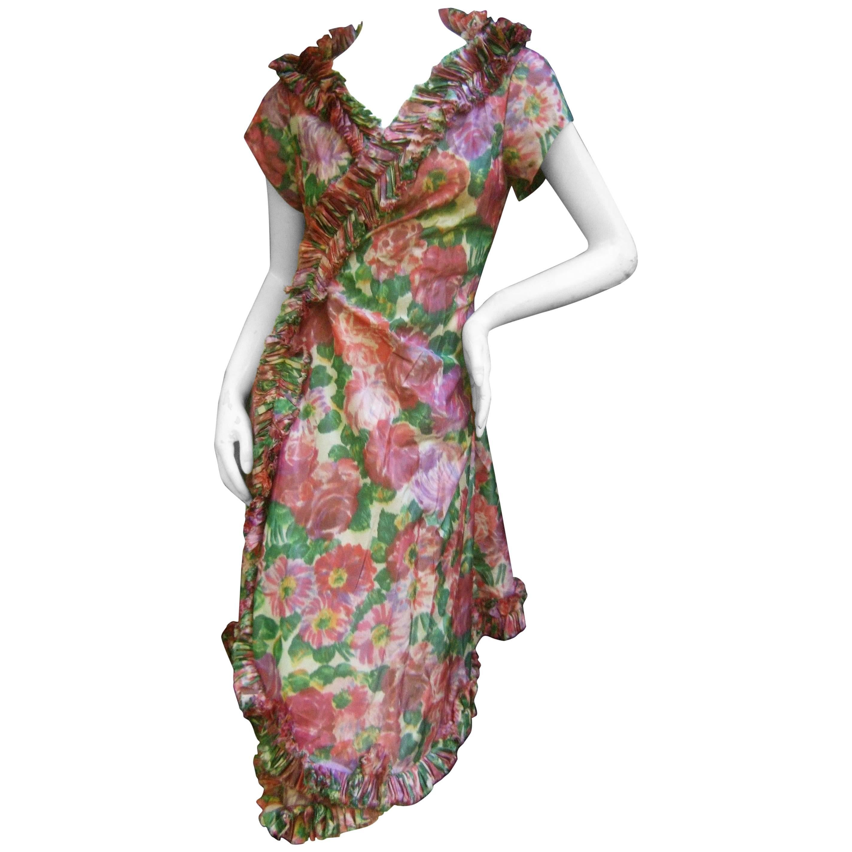 Lucie Ann Beverly Hills Taffeta Rose Print Wrap Dress c 1960   For Sale