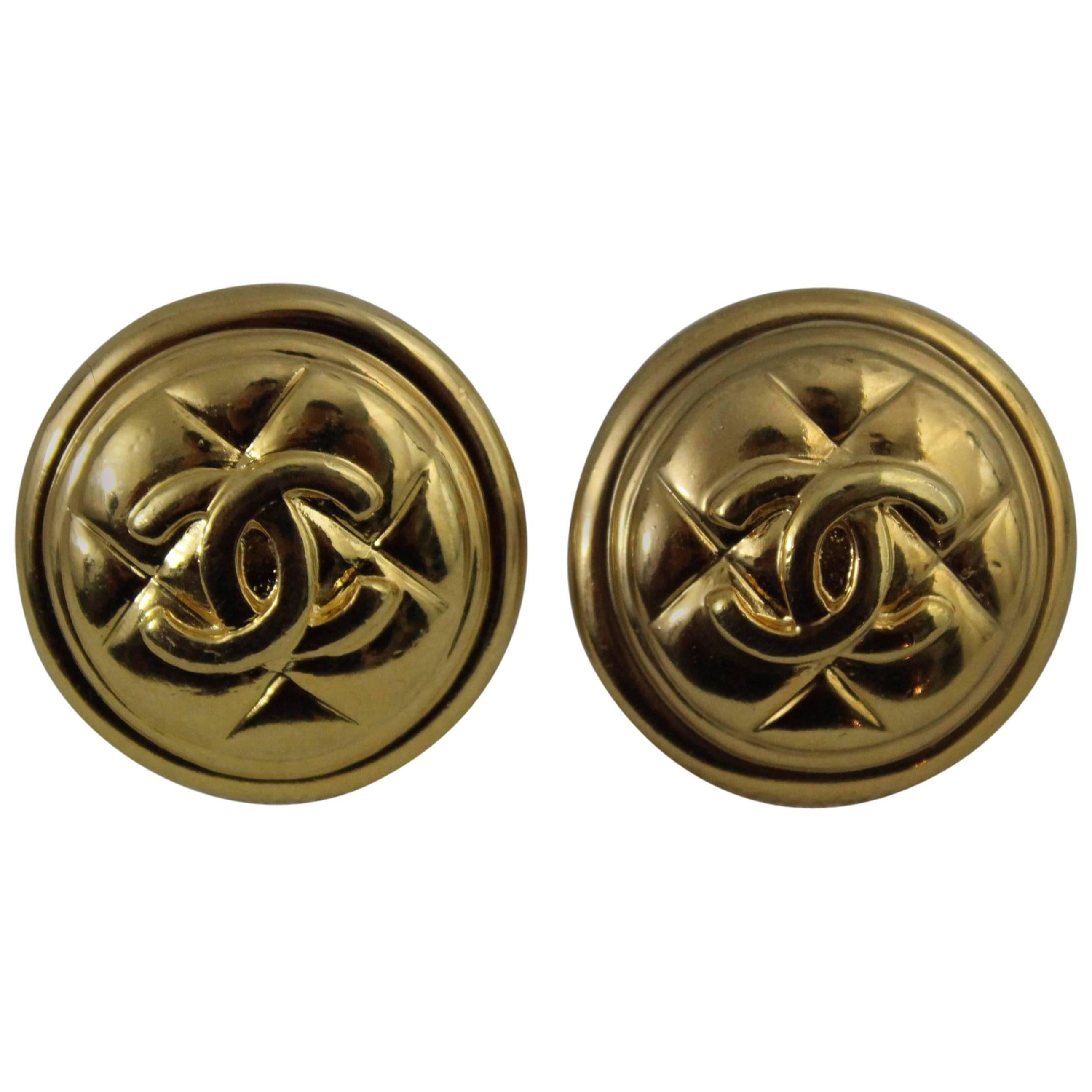 Chanel Gold Plated Logo Metal Earrings