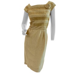 1950s Carlye for I.Magnin Gold Cocktail Dress with Embroidery Rosette Size S 