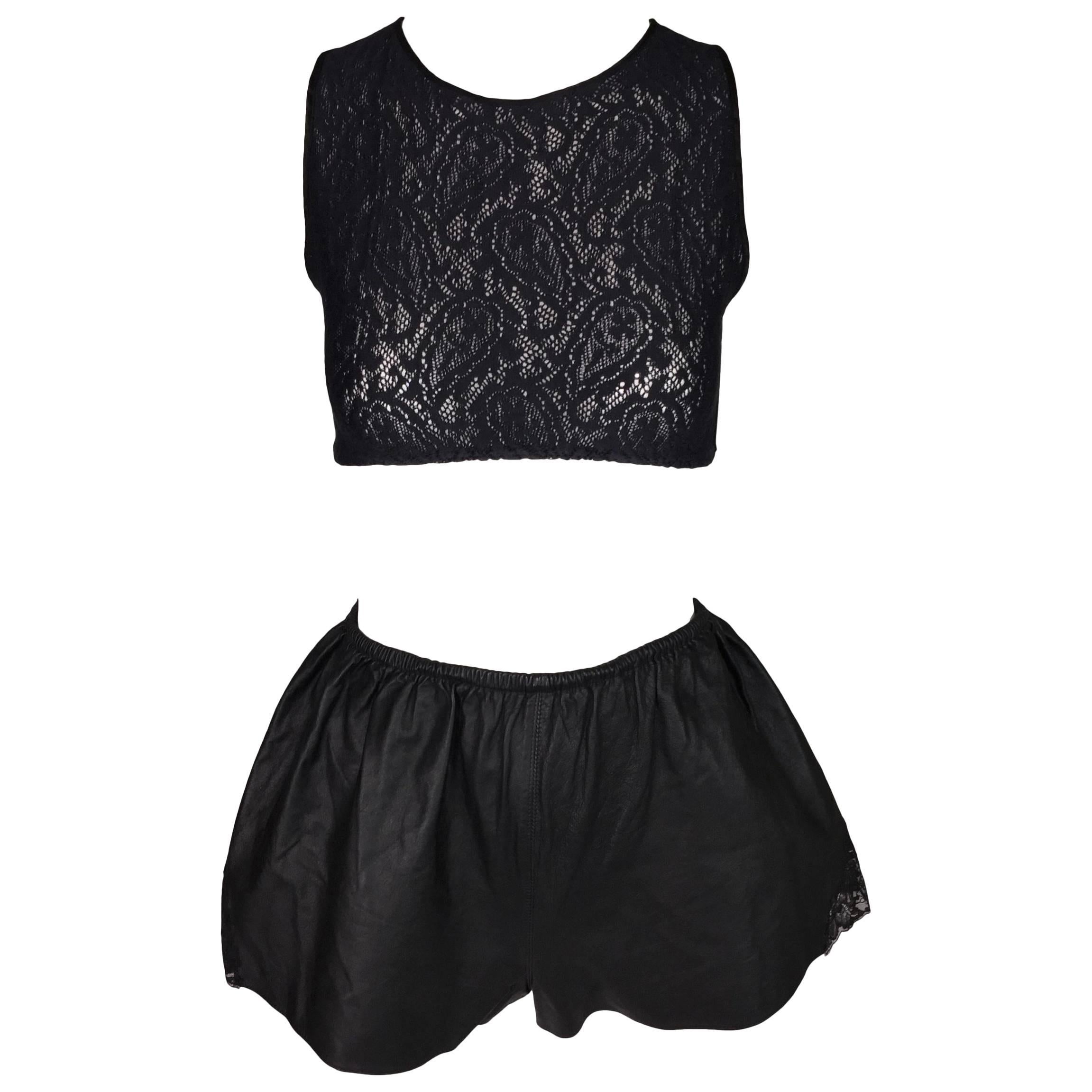 1980's Jean Paul Gaultier Cropped Lace Top High Waist Black Leather Shorty Short