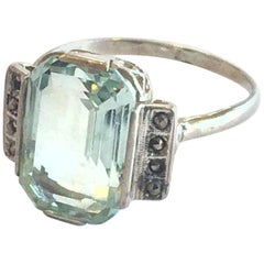 Art Deco Huge Aquamarine, silver and marcasite ring