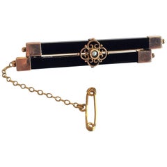 Antique Art Deco 9ct gold Onyx and pearl bar brooch