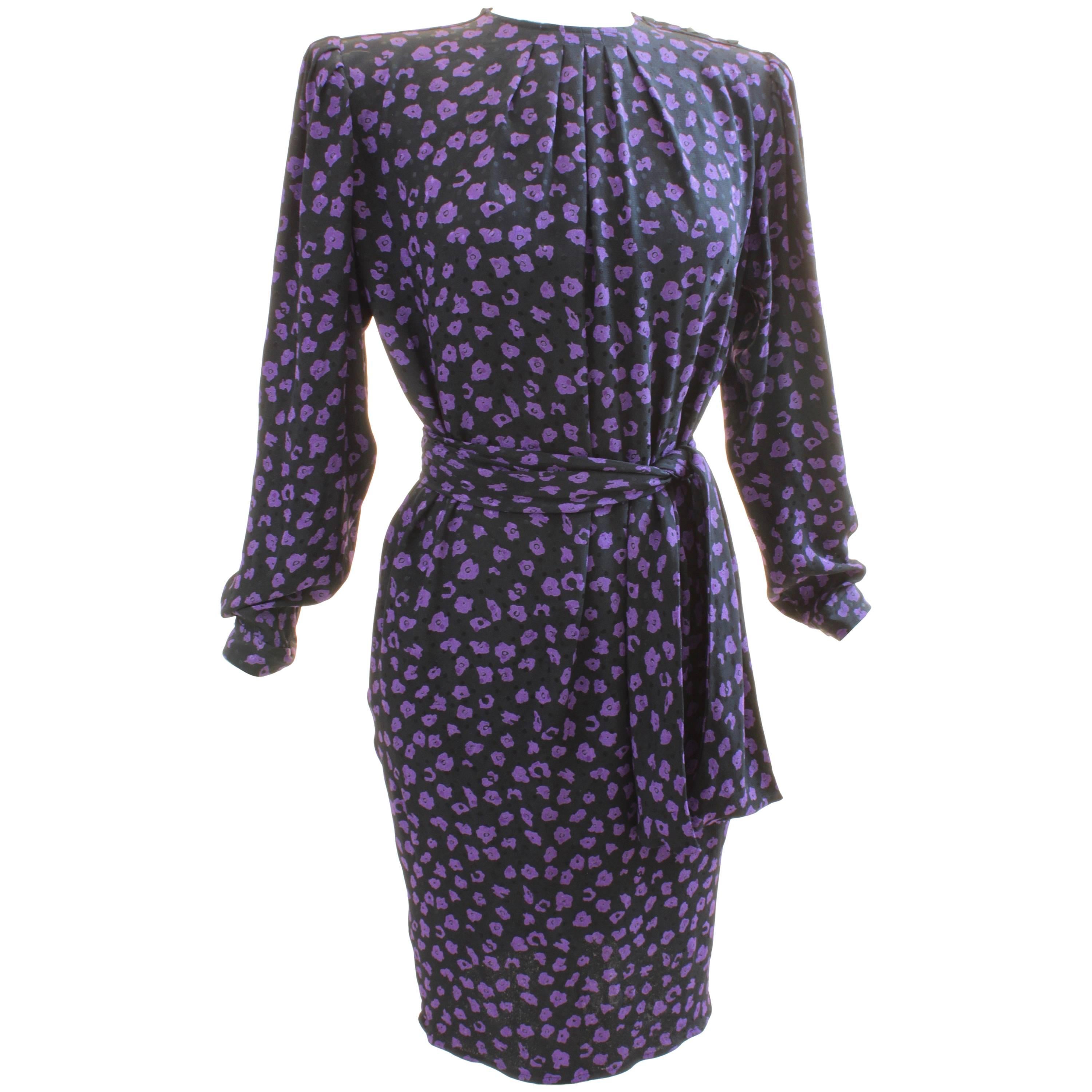 Vintage Ungaro Belted Dress Silk Jacquard Purple Floral on Black Size 10