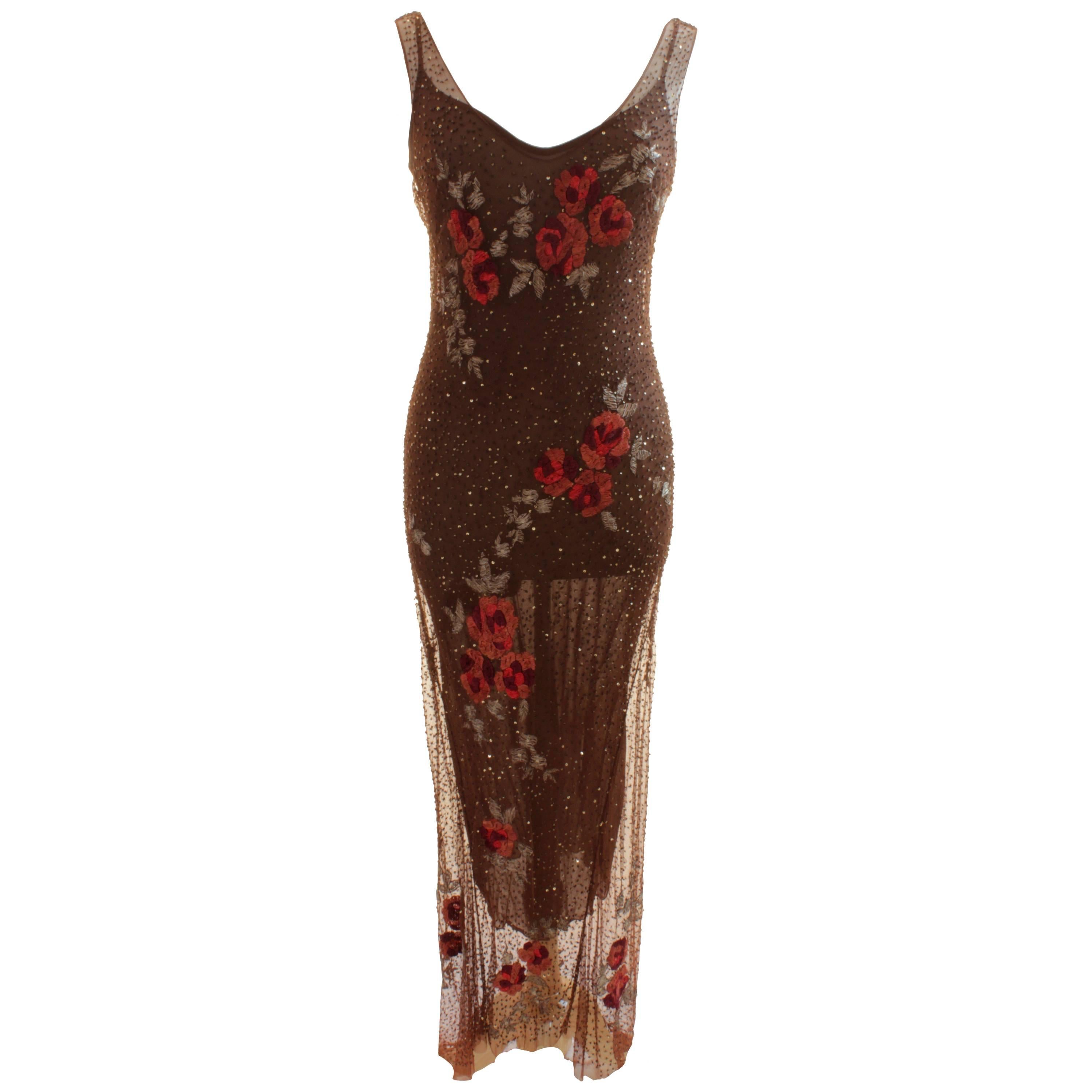 Brown Slip Dress with Sheer Overlay Floral Motif Embroidery Sz M Made in Italy 