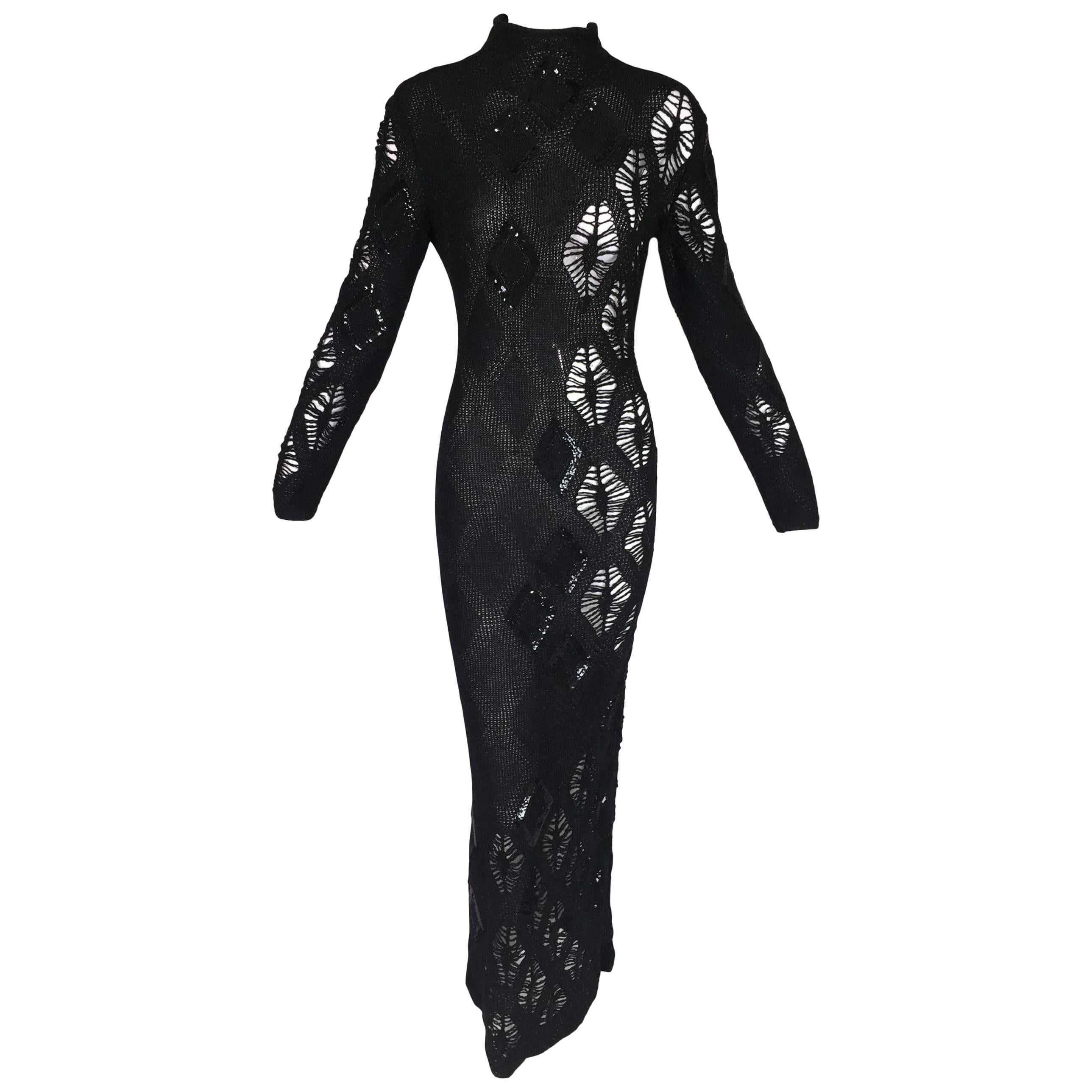 F/W 2002 NWT Gianfranco Ferre Sheer Knit Beaded Sequin L/S Long Gown Dress