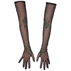 1996 Dolce & Gabbana Sheer Black Mesh Long Gloves w/ Floral Embroidery