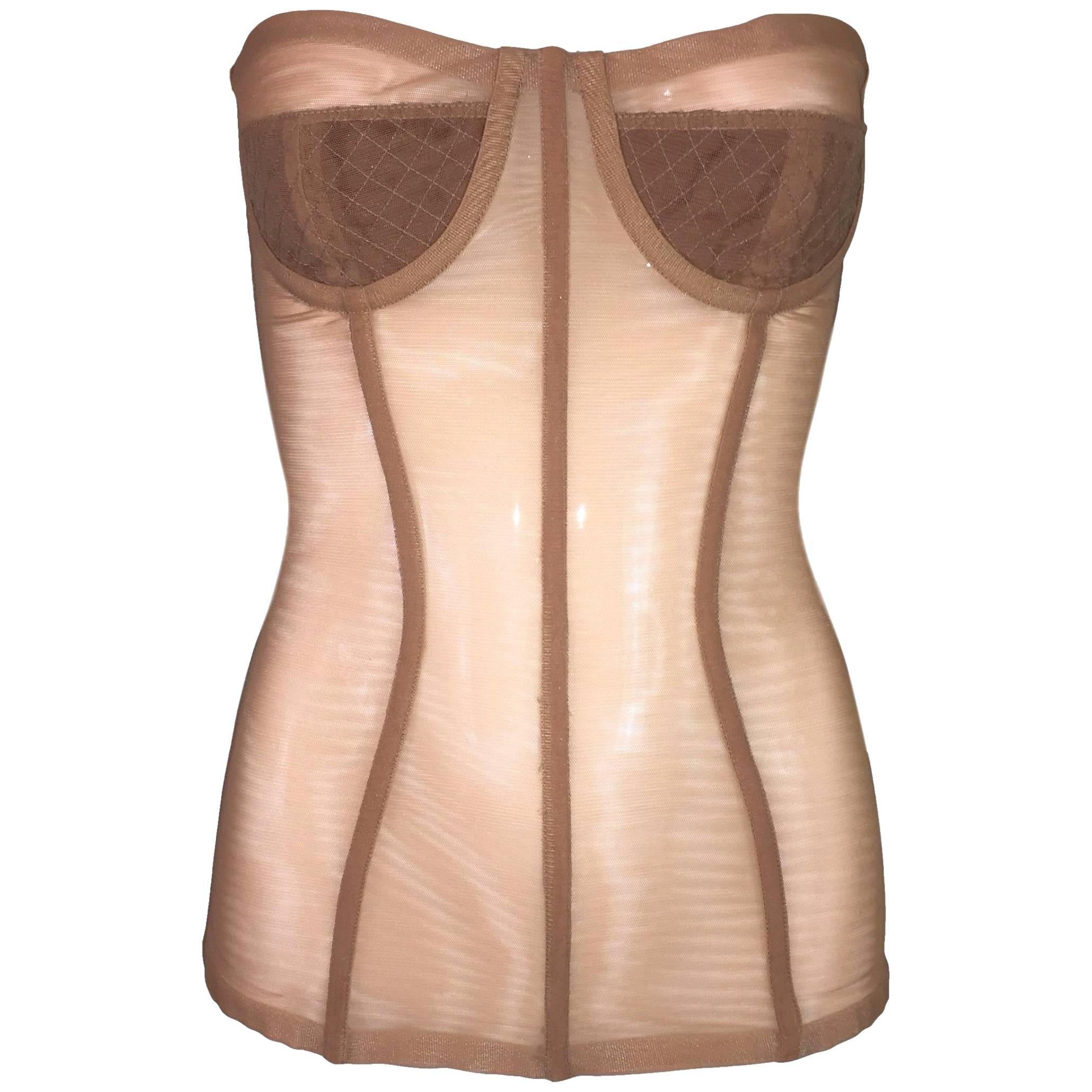 S/S 1998 Dolce & Gabbana Sheer Nude Mesh Corset Bustier Strapless Top XXS XS