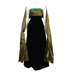1957 Pierre Balmain Haute-Couture Black Velvet Olive Silk Strapless Gown & Shawl
