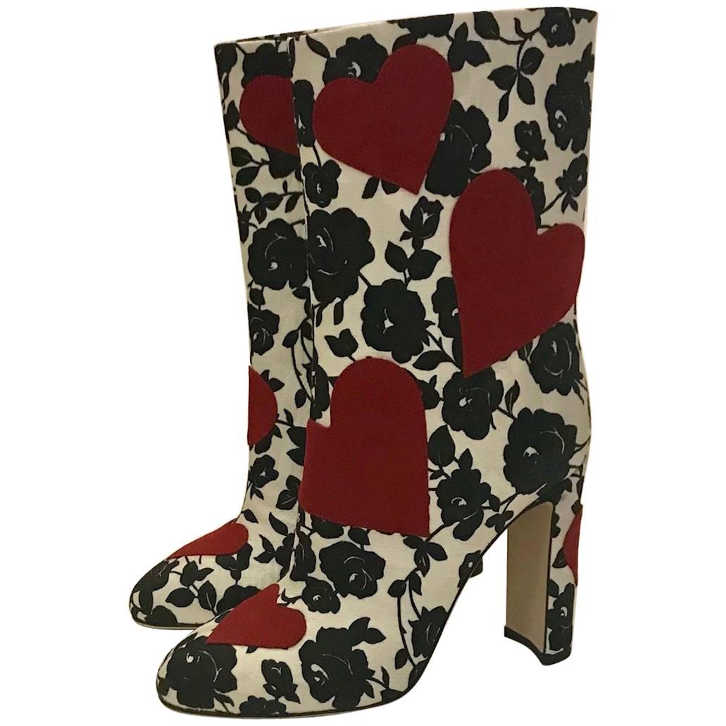 Dolce & Gabbana Red Hearts on Black and White Rose Floral Print Boots 