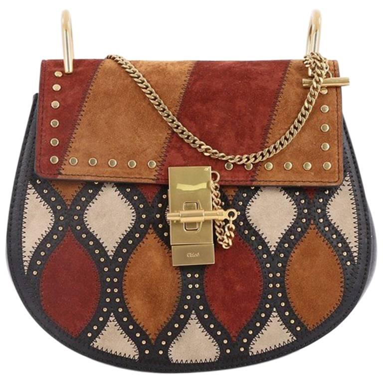 Chloe Drew Crossbody Bag Studded Patchwork Suede with Leather Small