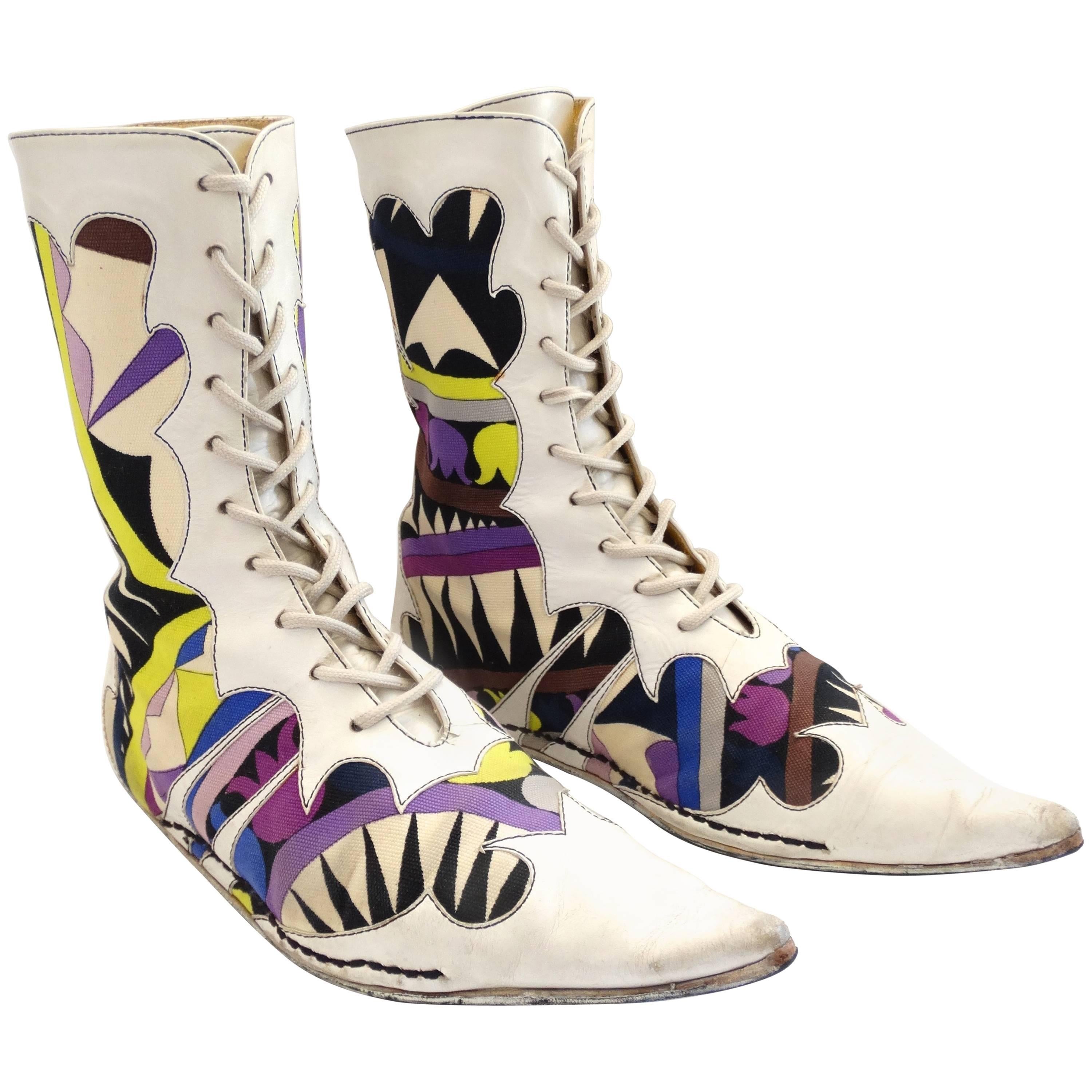 Emilio Pucci Printed Pointy Lace Up Boots, 1960s 