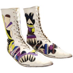 Retro Emilio Pucci Printed Pointy Lace Up Boots, 1960s 