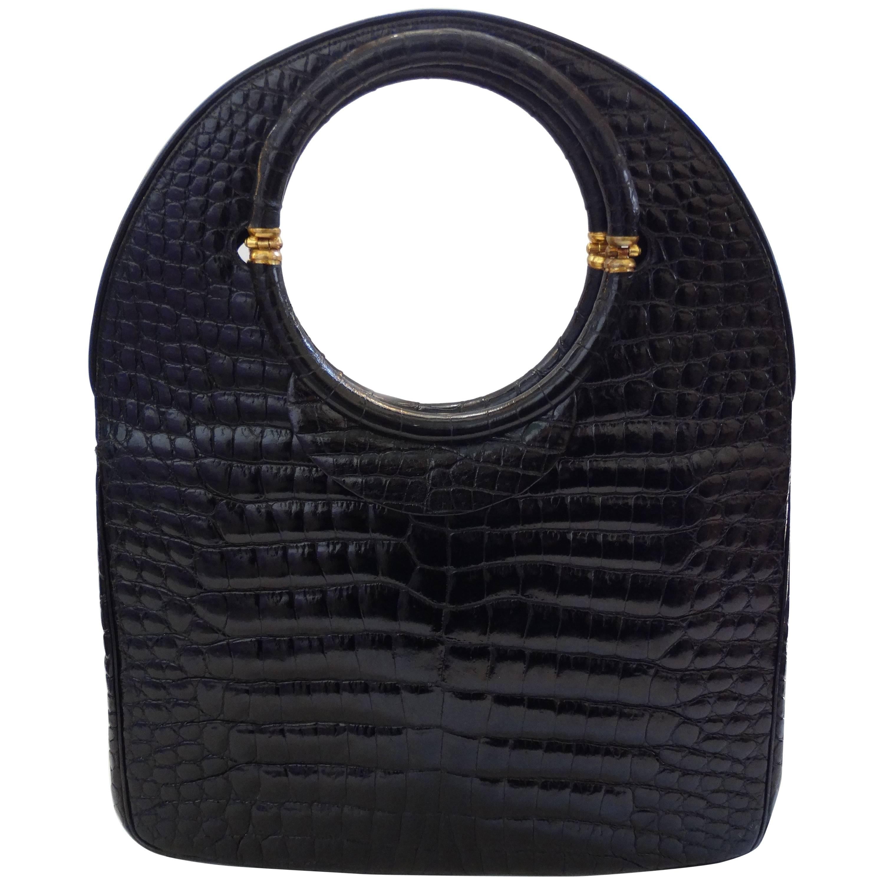 Rosenfeld Black Crocodile Skin Circle Bag, 1980s