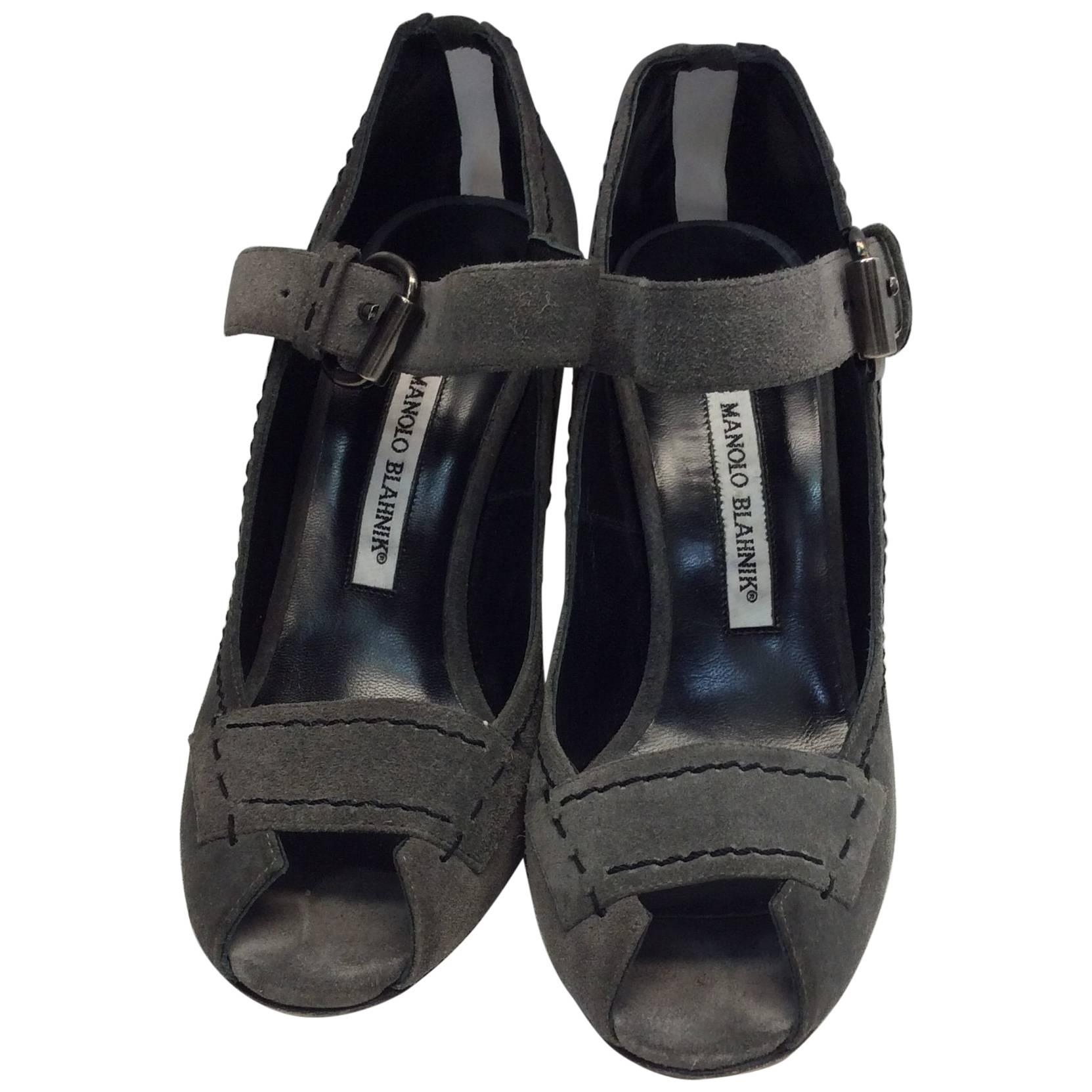 Manolo Blahnick Gray Suede Peep Toe Heel For Sale