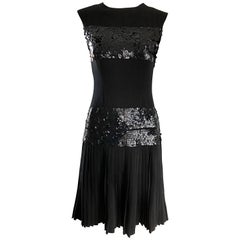 1960s Demi Couture 60s Black Sequin Crepe Vintage Pleated Skirt Dress 