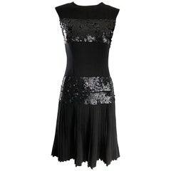 1960s Demi Couture 60s Black Sequin Crepe Vintage Pleated Skirt Dress