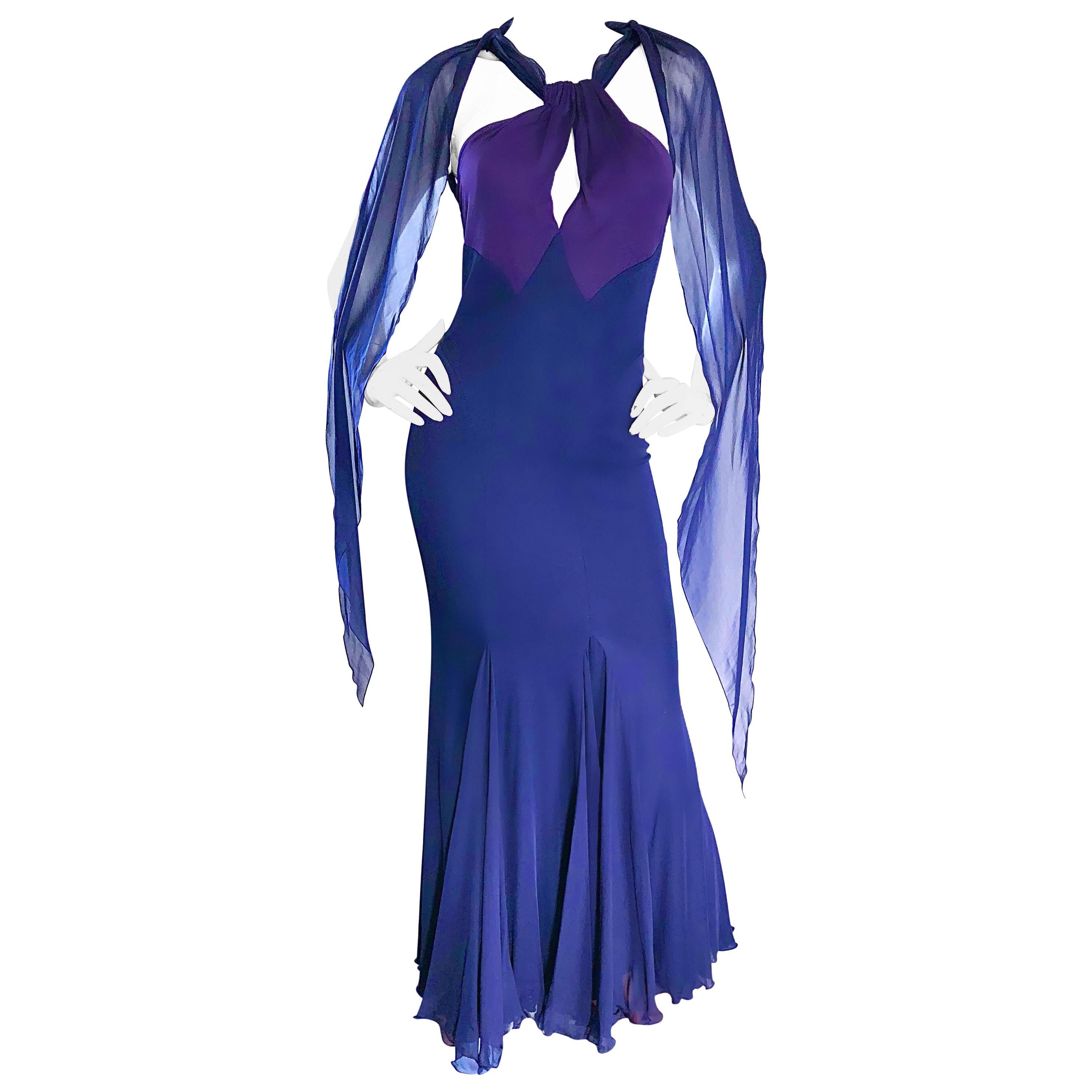 Bill Blass Vintage Silk Jersey and Chiffon Navy Blue Purple Grecian Evening Gown