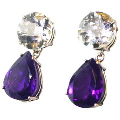 AJD Boucles d'oreilles argentées Quartz argenté brillant et Améthyste brillante 1.1" de long