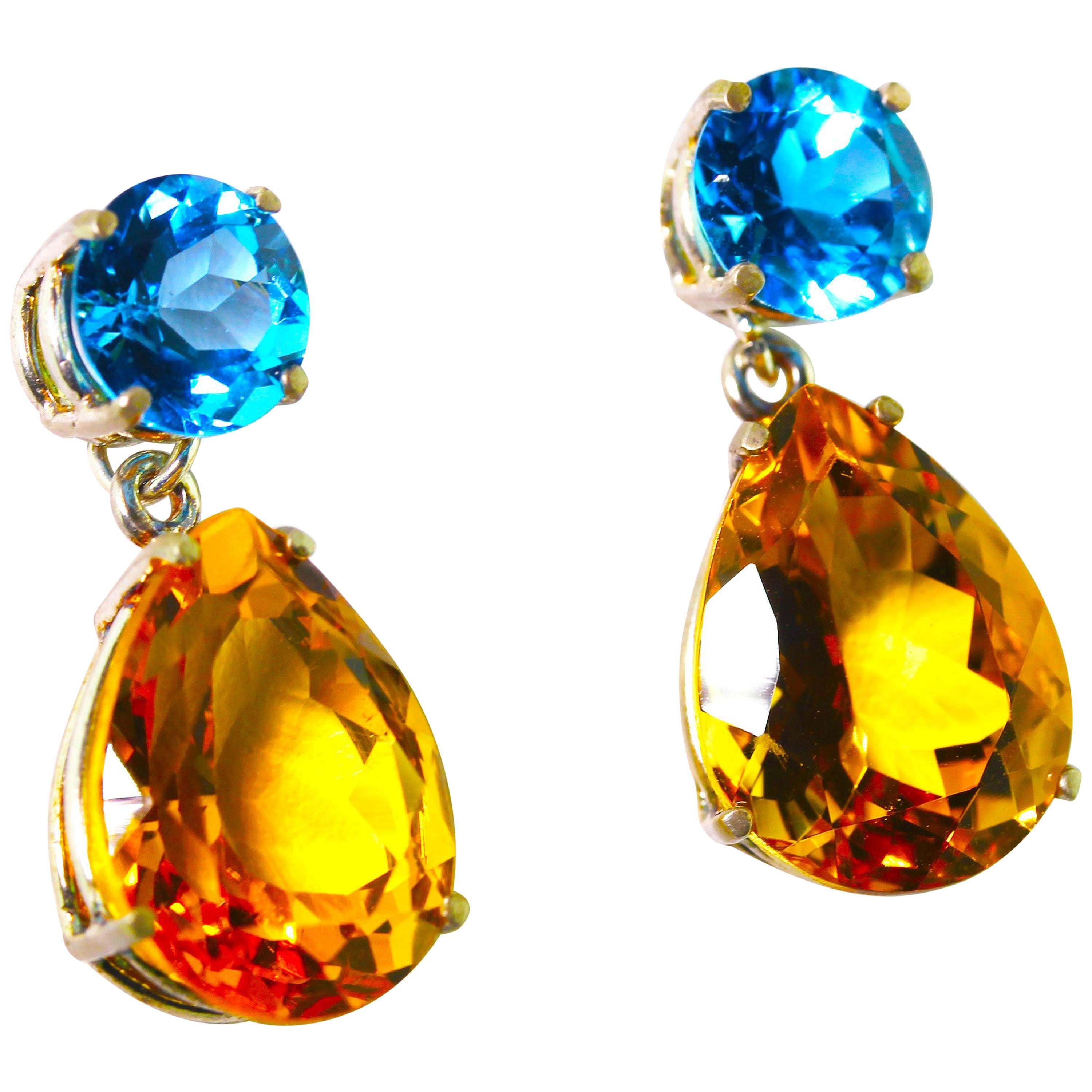 Unique Blue Topaz and Citrine Sterling Silver Stud Earrings