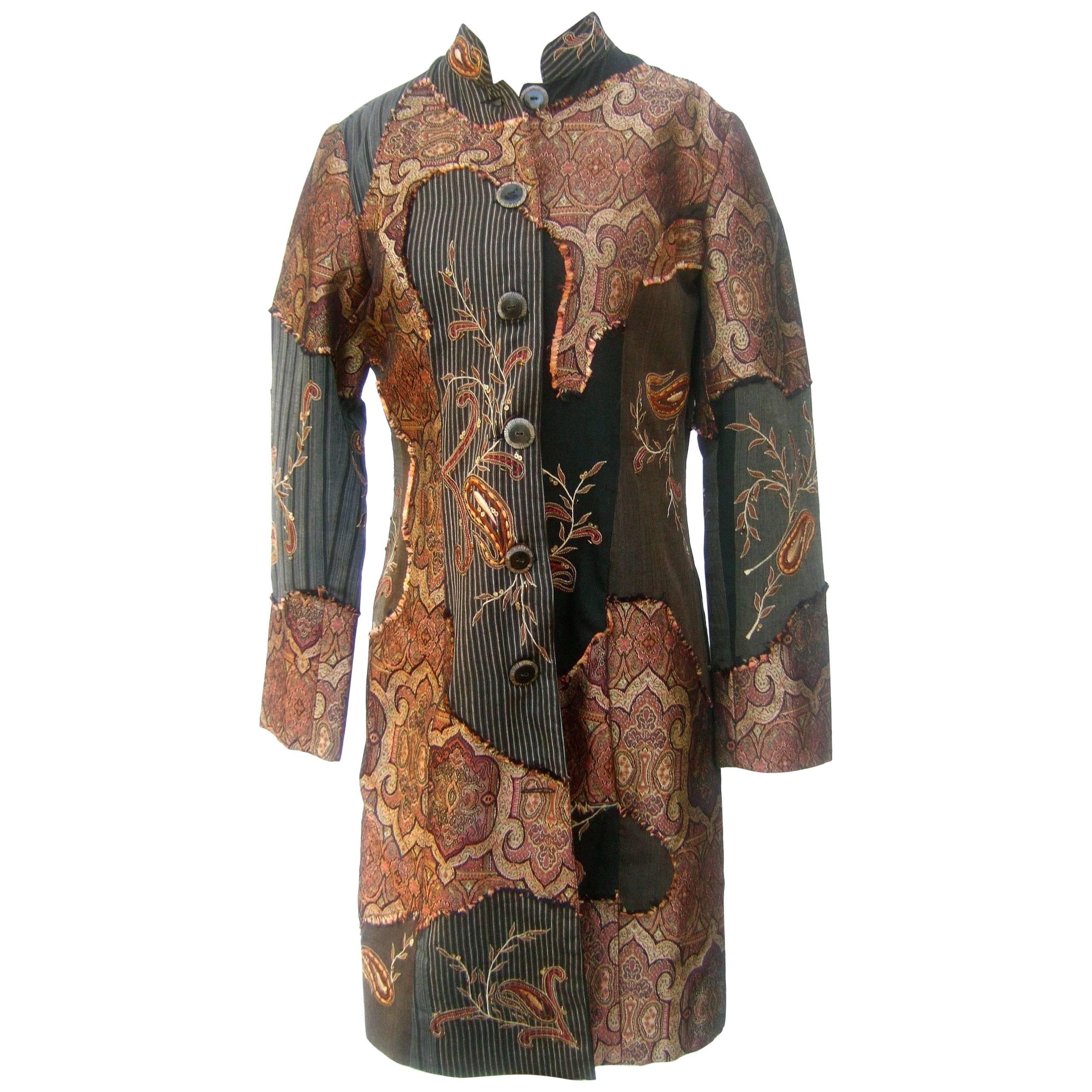 Neiman Marcus Bohemian Paisley Cotton Applique Duster Coat c 1990s