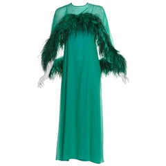 1970s Malcolm Starr Emerald Green Chiffon Gown & Ostrich Feather Cape Set