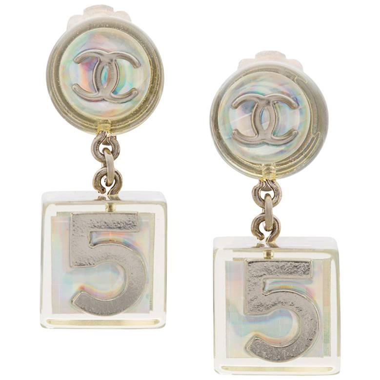 Chanel Silver Clear Lucite Iridescent Charm Dangle Evening Earrings in Box 