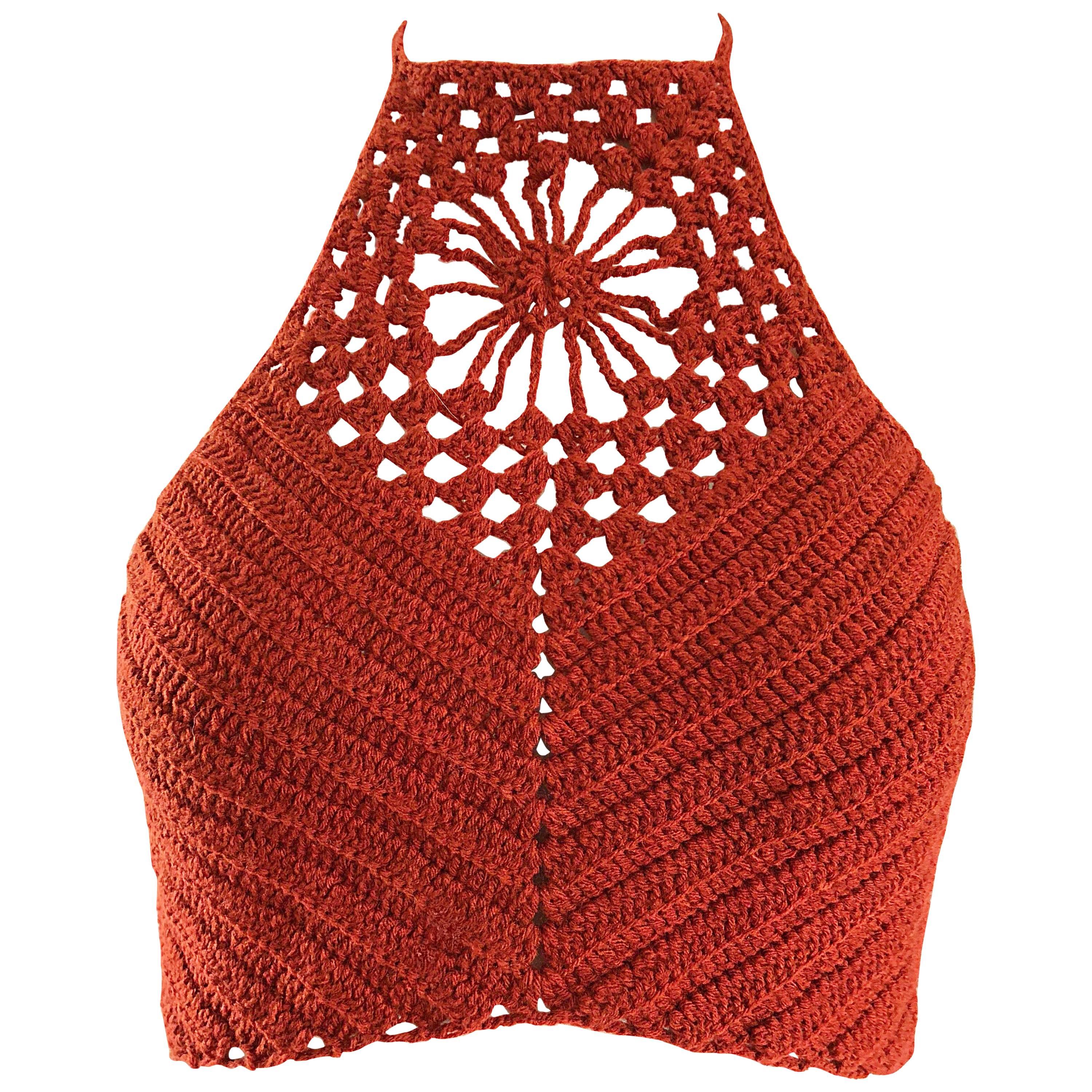 Burnt Orange Hand Crochet Vintage Wool Crop Top Flower Boho Shirt, 1970s  